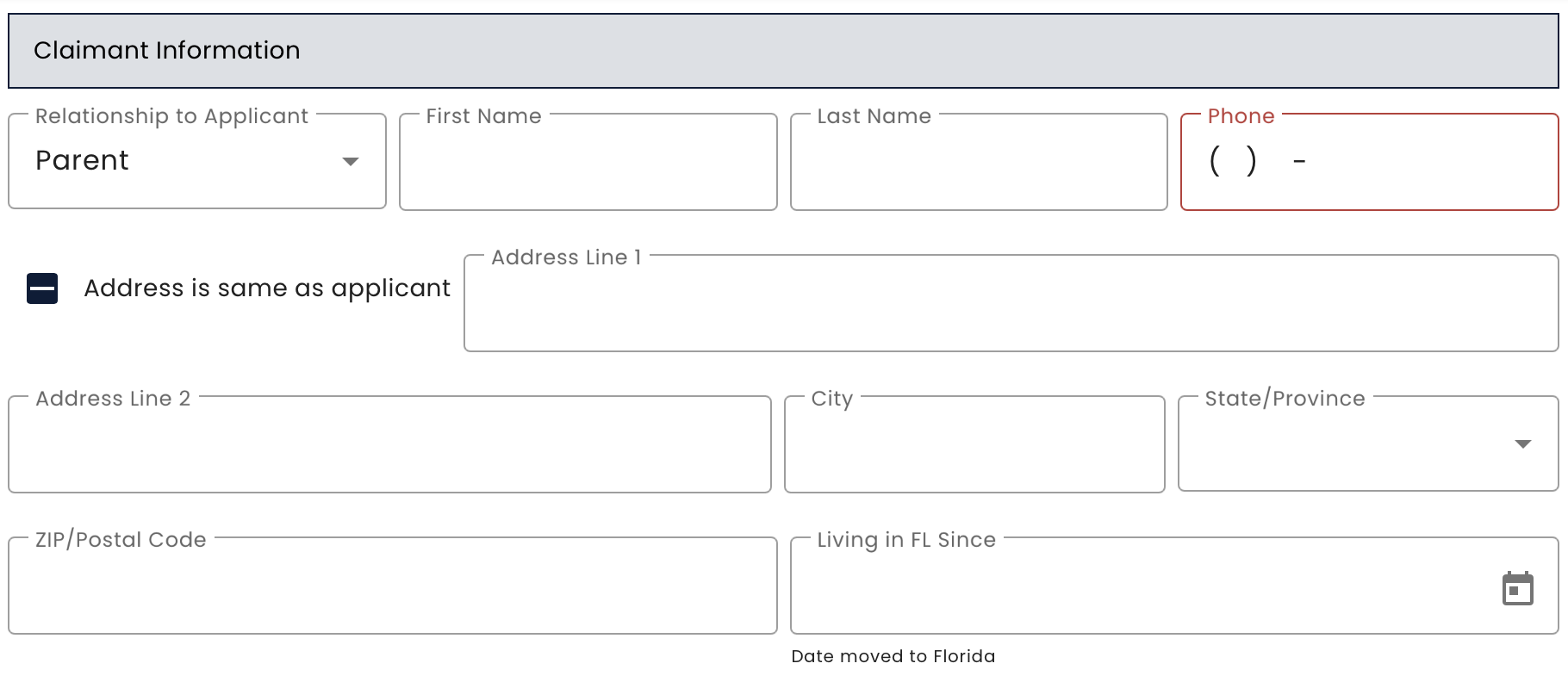 Screenshot of form collecting claimant information including relationship, name, and address