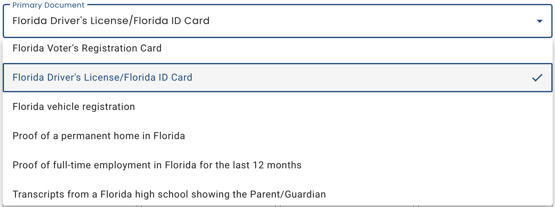 Screenshot showing each of the 6 types of primary documents allowed in FL
