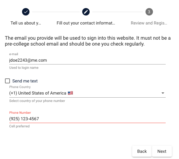 Screenshot of dialog asking for email address, phone number, and permission to send texts