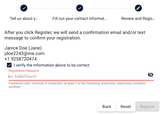 Screenshot of confirmation dialog and setting registration password